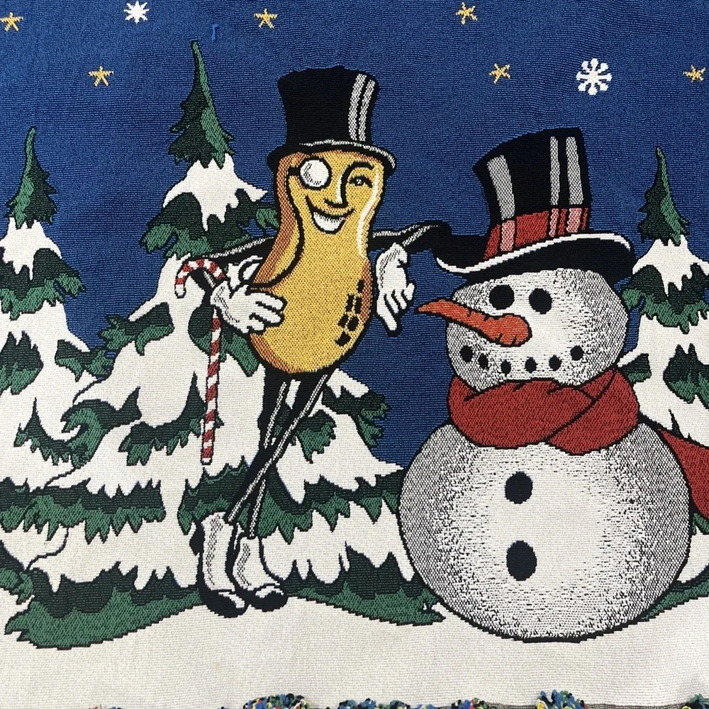 Rare Mr Peanut Throw Blanket‎ Planters Christmas Snowman Woven Tapestry 46 X 34
